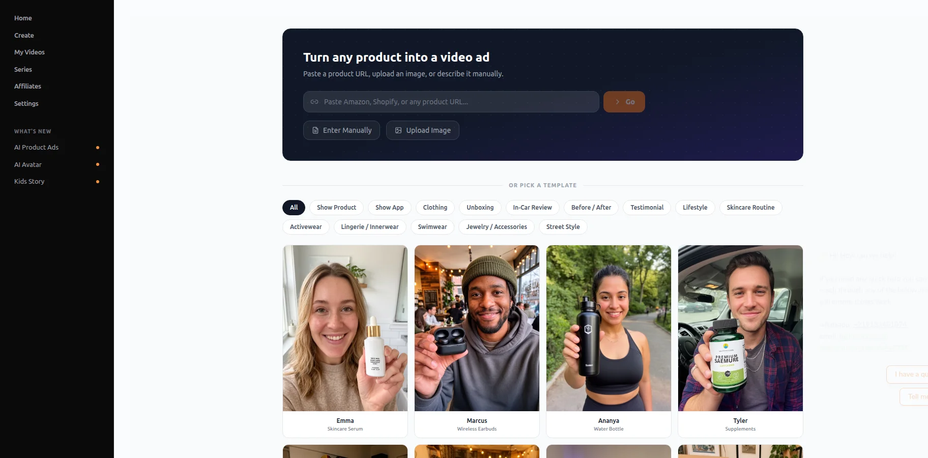 Paste a product URL, enter manually, or upload images — three ways to start